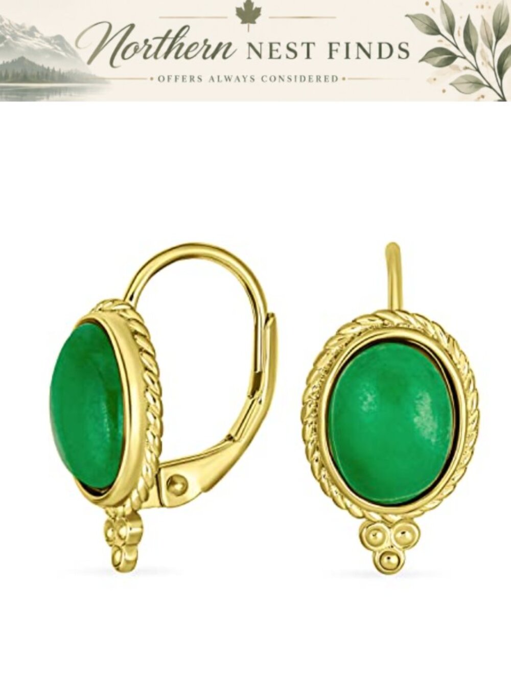 Green Jade Oval Drop Earrings 14K Yellow Gold Plated Sterling Silver